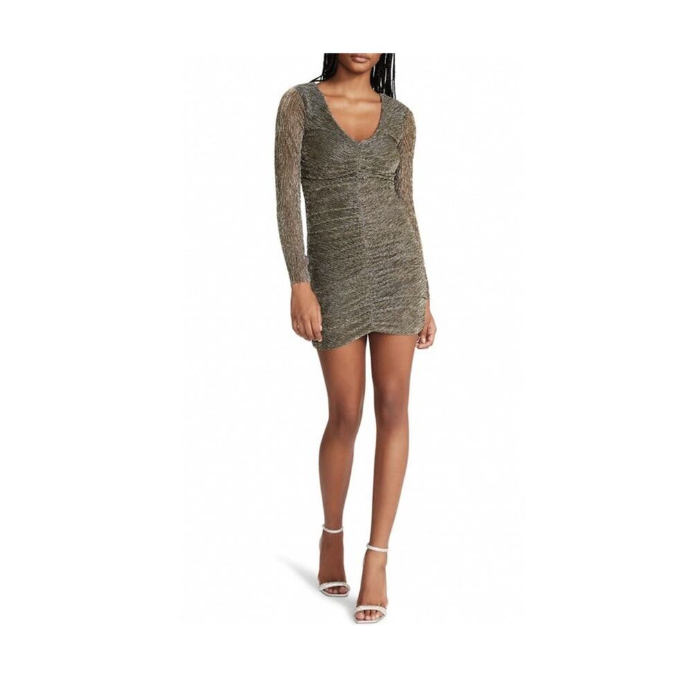 Steve Madden Tessa Mini Dress NWT Large Bodycon Ruched Metallic Gold Event Glam